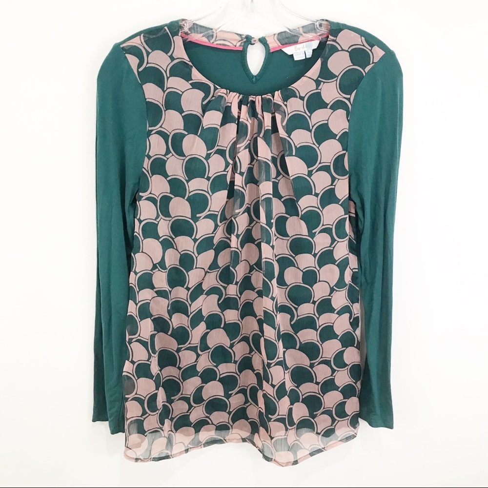 BODEN Green/Tan Graphic Long-Sleeve Blouse Size 2